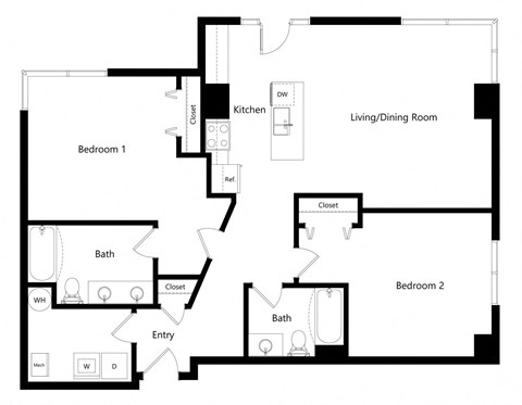 Floor plan for 2 beds, 2 baths, 1247 sqft